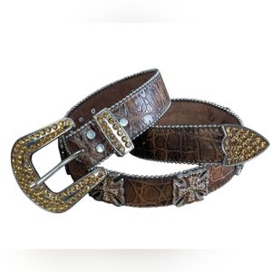 Moc-crocodile Leather Belt Amber Crystals And Crosses Excellent Condition